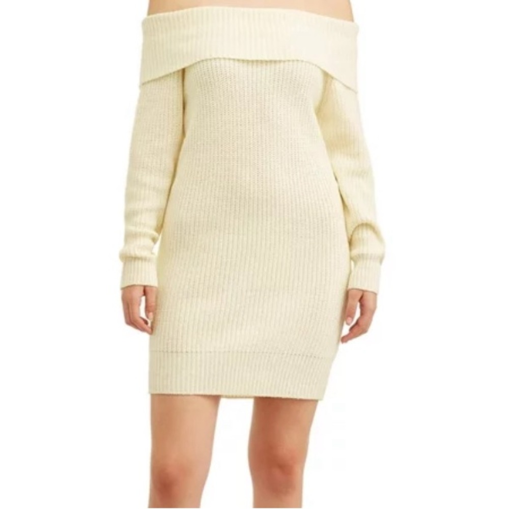 Knit Off Shoulder Coquette Off-White Sweater Dress Small